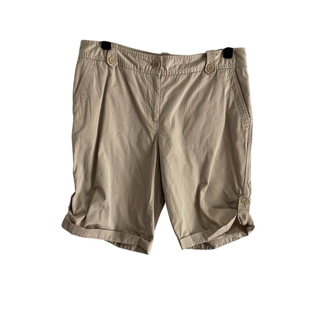 Talbots Women Sz 10 Beige Khaki Flat Front Rolled Button Hem Casual Shorts